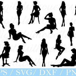 May include: A collection of black silhouette images of women in various poses. The images include women standing, sitting, and reclining. The silhouettes are in a vintage style, with text at the bottom that reads "EPS / SVG / DXF / PNG".
