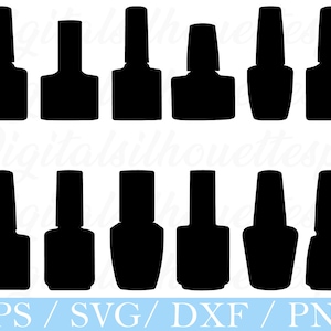 Puede incluir: Siluetas negras de botellas de esmalte de uñas de varias formas. La imagen incluye diez diseños diferentes, con una base rectangular y un tapón de cepillo. El texto "EPS / SVG / DXF / PNG" está en la parte inferior.