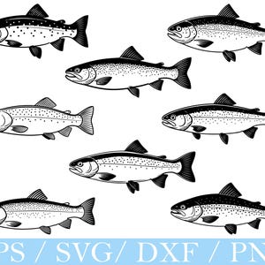 Könnte beinhalten: Sieben schwarz-weiße Illustrationen von Fischen, jeweils mit detaillierten Schuppen, Flossen und einem stromlinienförmigen Körper. Die Fische sind in verschiedenen Posen dargestellt, einige mit gepunkteten Mustern. Der untere Teil des Bildes zeigt den Text "EPS / SVG / DXF / PNG".