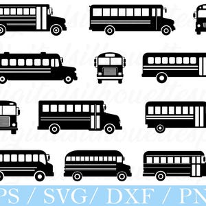 Puede incluir: Ilustraciones en negro de autobuses escolares en varias perspectivas. Los autobuses tienen ventanas rectangulares, una puerta delantera y ruedas. La imagen incluye el texto "EPS / SVG / DXF / PNG" en la parte inferior.