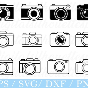 May include: A collection of twelve black and white camera illustrations in various designs. The cameras are depicted in a simple, graphic style, with different lens and body shapes. The bottom of the image displays the text "EPS / SVG / DXF / PNG".