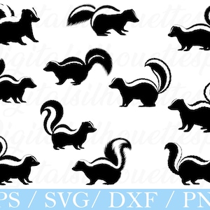 Peut inclure: Plusieurs silhouettes de moufettes noires et blanches dans diverses poses. Chaque moufette présente une bande blanche distinctive sur le dos et la queue. Le texte "EPS / SVG / DXF / PNG" est affiché en bas sur une bannière bleue.