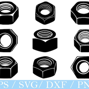 May include: Nine black nuts in different positions. The nuts are either hexagonal or octagonal, each with a threaded internal hole. The image includes the text "EPS / SVG / DXF / PNG" in light blue at the bottom.