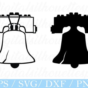 May include: Two versions of the Liberty Bell silhouette are shown. One is a black outline, and the other is a solid black shape. The bell has a rectangular top with a curved body and a crack. The bottom of the image has the text "EPS / SVG / DXF / PNG".