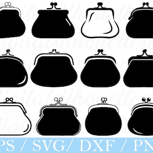 May include: A collection of black and white coin purse silhouettes in various shapes and styles. The image includes a variety of purse designs, with different clasp and frame details. The bottom of the image displays the text "EPS / SVG / DXF / PNG".