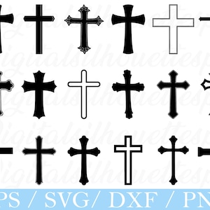 May include: A collection of various black crosses in different styles, including solid, outlined, and ornate designs. The image also includes the text "EPS / SVG / DXF / PNG" in a blue banner at the bottom, indicating file formats.