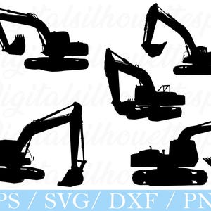 May include: Black silhouette images of construction excavators in various positions. The images show the excavator's arm, bucket, and body. The bottom of the image has the text "EPS / SVG / DXF / PNG".