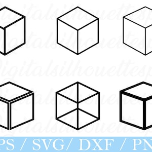 Puede incluir: Seis ilustraciones de cubos en blanco y negro en varias perspectivas. Los cubos están delineados con gruesas líneas negras, mostrando diferentes vistas de la forma geométrica. La parte inferior de la imagen incluye el texto "EPS / SVG / DXF / PNG".