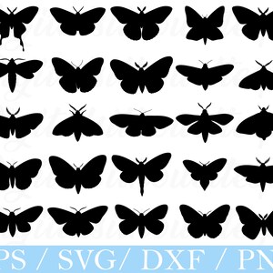 May include: A collection of black moth silhouettes in various poses. The image features a variety of moth designs, perfect for crafting projects. The bottom of the image includes the text "EPS / SVG / DXF / PNG".