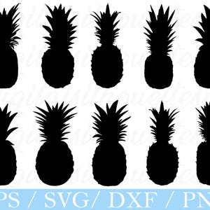 Puede incluir: Una colección de diez siluetas negras de piñas con copetes puntiagudos. Las piñas están dispuestas en dos filas sobre un fondo blanco. La parte inferior de la imagen contiene el texto "EPS / SVG / DXF / PNG" en un rectángulo azul claro.