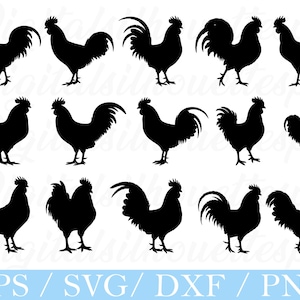 Può includere: Una collezione di sagome nere di galli in varie pose. I galli hanno piume della coda e creste dettagliate. L'immagine include il testo "EPS / SVG / DXF / PNG" in un banner blu in basso.