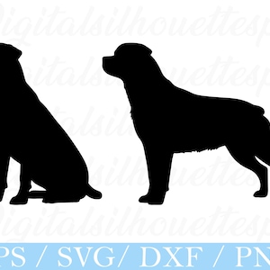 May include: Black silhouette of a Rottweiler dog in two poses: sitting and standing. The dog's features are clearly defined against a white background. The bottom of the image includes the text "EPS / SVG / DXF / PNG".