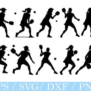 May include: Black silhouette illustrations of a person playing pickleball. The person is wearing a hat and a dress, holding a paddle, and hitting a ball. The image includes the text "EPS / SVG / DXF / PNG".