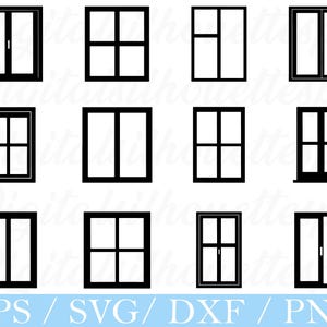 May include: A set of black window silhouettes in diverse designs. The windows feature various pane arrangements and frame styles, ideal for architectural or design applications. The image includes the text "EPS / SVG / DXF / PNG".