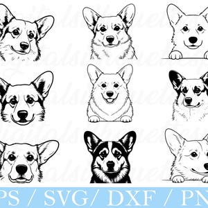 May include: A collection of nine black and white corgi dog illustrations. The corgis are depicted in various poses, including headshots and full-body views. The image includes the text "EPS / SVG / DXF / PNG" at the bottom.
