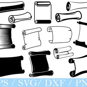 Può includere: Una collezione di illustrazioni di pergamene in bianco e nero, di varie forme e dimensioni. Alcune pergamene sono arrotolate, altre srotolate con spazi vuoti per il testo. L'immagine include il testo "EPS / SVG / DXF / PNG" in basso.