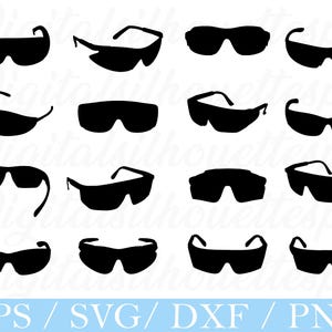 May include: A collection of black sunglasses silhouettes in various styles. The image includes different frame shapes and lens designs, suitable for digital design projects. Text at the bottom reads "EPS / SVG / DXF / PNG".