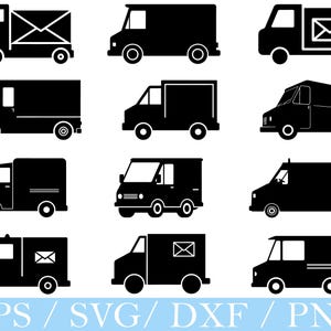 May include: A collection of black delivery truck silhouettes in various styles. Some trucks feature an envelope icon, suggesting mail or package delivery. The image includes the text "EPS / SVG / DXF / PNG" at the bottom, indicating file formats.
