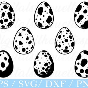 May include: A collection of eight black and white egg illustrations with various spot patterns. The eggs are oval-shaped and feature different sizes and arrangements of black spots. The bottom of the image includes the text "EPS / SVG / DXF / PNG".