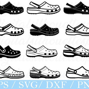 May include: Nine black and white clogs are displayed in different styles. The image shows various views of the shoes, including side profiles and top-down perspectives. The shoes have a classic design with holes and a strap.