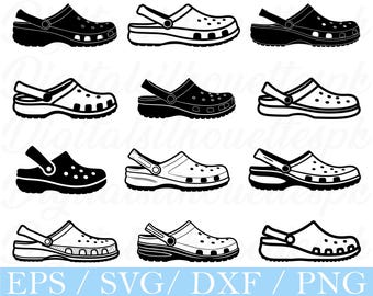 May include: A collection of nine black and white clogs in various styles. The image shows different views of the shoes, including side profiles and top-down perspectives. The shoes have a classic design with holes and a strap.