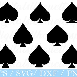 Op de afbeelding: Zwarte schoppen symbolen op een witte achtergrond. De schoppen symbolen zijn effen zwart en variëren enigszins in grootte. De afbeelding bevat de tekst "EPS / SVG / DXF / PNG" in een lichtblauwe banner onderaan.