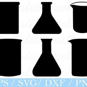 May include: Black silhouette illustrations of laboratory beakers and flasks. The image includes various shapes of beakers and flasks, with a pouring spout on some. The bottom of the image has the text "EPS / SVG / DXF / PNG".