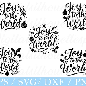 May include: Black and white digital designs with the text "Joy to the World" in various circular arrangements. Each design includes festive elements like stars, holly, and ornaments, perfect for holiday crafts.