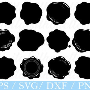 May include: A collection of twelve black wax seal designs in various shapes and styles. The seals include smooth and textured edges, with some featuring concentric circles. The bottom of the image displays the text "EPS / SVG / DXF / PNG" in a light blue banner.