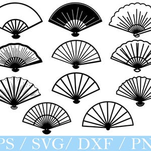 May include: A collection of nine black and white fan illustrations. Each fan has a different design, with variations in the shape of the fan and the arrangement of the ribs. The text at the bottom reads "EPS / SVG / DXF / PNG".