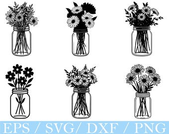 Flowers in Jar Svg, Flowers in Jar Cut File, Dxf, Png, Silhouette