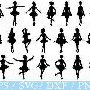 May include: Black silhouette illustrations of dancers in various poses. Each figure is wearing a dress with a flared skirt. The image includes the text "EPS / SVG / DXF / PNG" at the bottom.