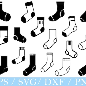 Pode incluir: Uma coleção de meias pretas e brancas em vários designs. As meias são retratadas em um estilo gráfico plano, com diferentes padrões e estilos. A imagem inclui o texto "EPS / SVG / DXF / PNG" na parte inferior.