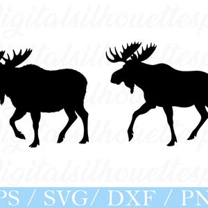May include: Two black silhouette images of a moose walking. The moose have large antlers and are facing left. The bottom of the image has the text "EPS / SVG / DXF / PNG".