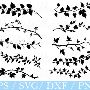 May include: Black silhouette illustrations of various leafy branches. The image features several different designs of branches with leaves, perfect for digital art projects. The bottom of the image includes the text "EPS / SVG / DXF / PNG".