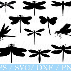 May include: A selection of black dragonfly silhouettes in different poses. The image features dragonflies with varied wing positions and body shapes. The bottom of the image displays the text "EPS / SVG / DXF / PNG".