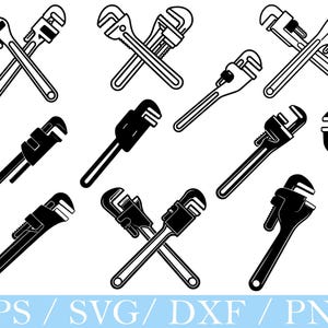 May include: Black and white illustrations of adjustable pipe wrenches in various arrangements. Some wrenches are crossed, while others are shown individually. The image includes the text "EPS / SVG / DXF / PNG" at the bottom.