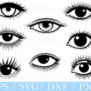 May include: A collection of eight stylized eye illustrations in black and white. Each eye features detailed eyelashes and a distinct iris design. The bottom of the image displays the text "EPS / SVG / DXF / PNG".