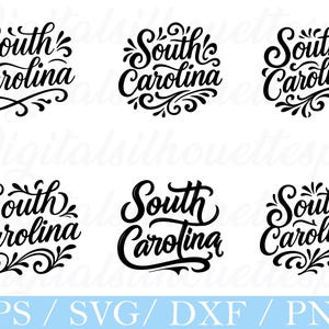 May include: Six black and white circular designs featuring the words "South Carolina" in cursive script. Each design has unique floral and swirl embellishments. The bottom of the image displays "EPS / SVG / DXF / PNG".