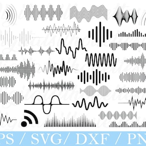 Puede incluir: Una colección de gráficos de ondas de sonido en blanco y negro en varios estilos. La imagen incluye diferentes patrones de ondas, desde líneas simples hasta diseños complejos. La parte inferior de la imagen muestra el texto "EPS / SVG / DXF / PNG".