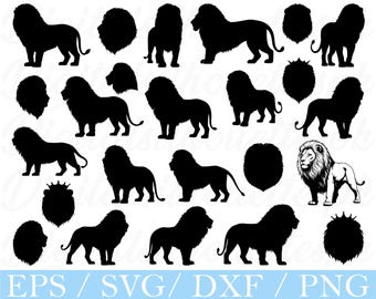 May include: A collection of black lion silhouettes in various poses, including full body, side profiles, and head-only designs. One lion is depicted with detailed fur and a crown. The image also includes the text "EPS / SVG / DXF / PNG" in a light blue banner.