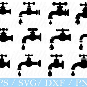 Puede incluir: Una colección de siluetas negras de grifos con una gota de agua cayendo del caño. Los grifos tienen un diseño clásico con un mango en forma de cruz. La imagen incluye el texto "EPS / SVG / DXF / PNG".
