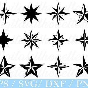 May include: A collection of twelve black and white star designs in various styles. The stars have different numbers of points and internal designs. The bottom of the image includes the text "EPS / SVG / DXF / PNG".