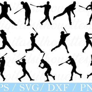 May include: A collection of black baseball player silhouettes in various batting and pitching poses. Each figure is wearing a baseball cap and holding a bat. The image includes the text "EPS / SVG / DXF / PNG" at the bottom.