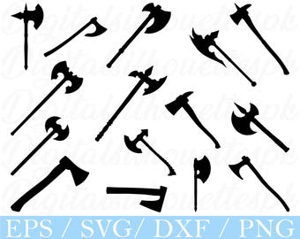 Op de afbeelding: Een verzameling zwarte bijl silhouetten in diverse ontwerpen. De bijlen hebben verschillende mesvormen en handvatstijlen, geschikt voor digitale ontwerpprojecten. De afbeelding bevat de tekst "EPS / SVG / DXF / PNG".