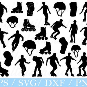 May include: A collection of black roller skating silhouettes, including roller skates, helmets, knee pads, and figures in various skating poses. The image also includes the text "EPS / SVG / DXF / PNG" at the bottom.