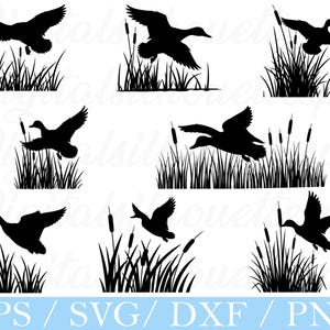 Mallard Duck Flying on Reeds Svg, Duck Flying on Reed Silhouette, Dxf, Png