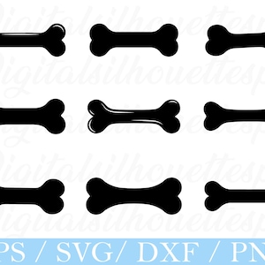 May include: Nine black dog bone silhouettes arranged in a grid on a white background. The bones have a classic shape with rounded ends and a central shaft. The bottom of the image has the text "EPS / SVG / DXF / PNG".