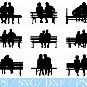 Könnte beinhalten: Eine Sammlung schwarzer Silhouette-Bilder von Personen, die auf Parkbänken sitzen. Die Bilder zeigen Paare, Eltern und Kind sowie Gruppen von zwei Personen. Der untere Teil des Bildes enthält den Text "EPS / SVG / DXF / PNG".
