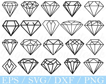 May include: A collection of black diamond illustrations in various shapes and facets. The image includes the text "EPS / SVG / DXF / PNG" in a light blue banner at the bottom, suggesting digital design files.